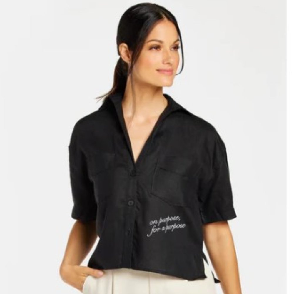 💜 Fancy Cropped Navy Linen Blended Shirt
